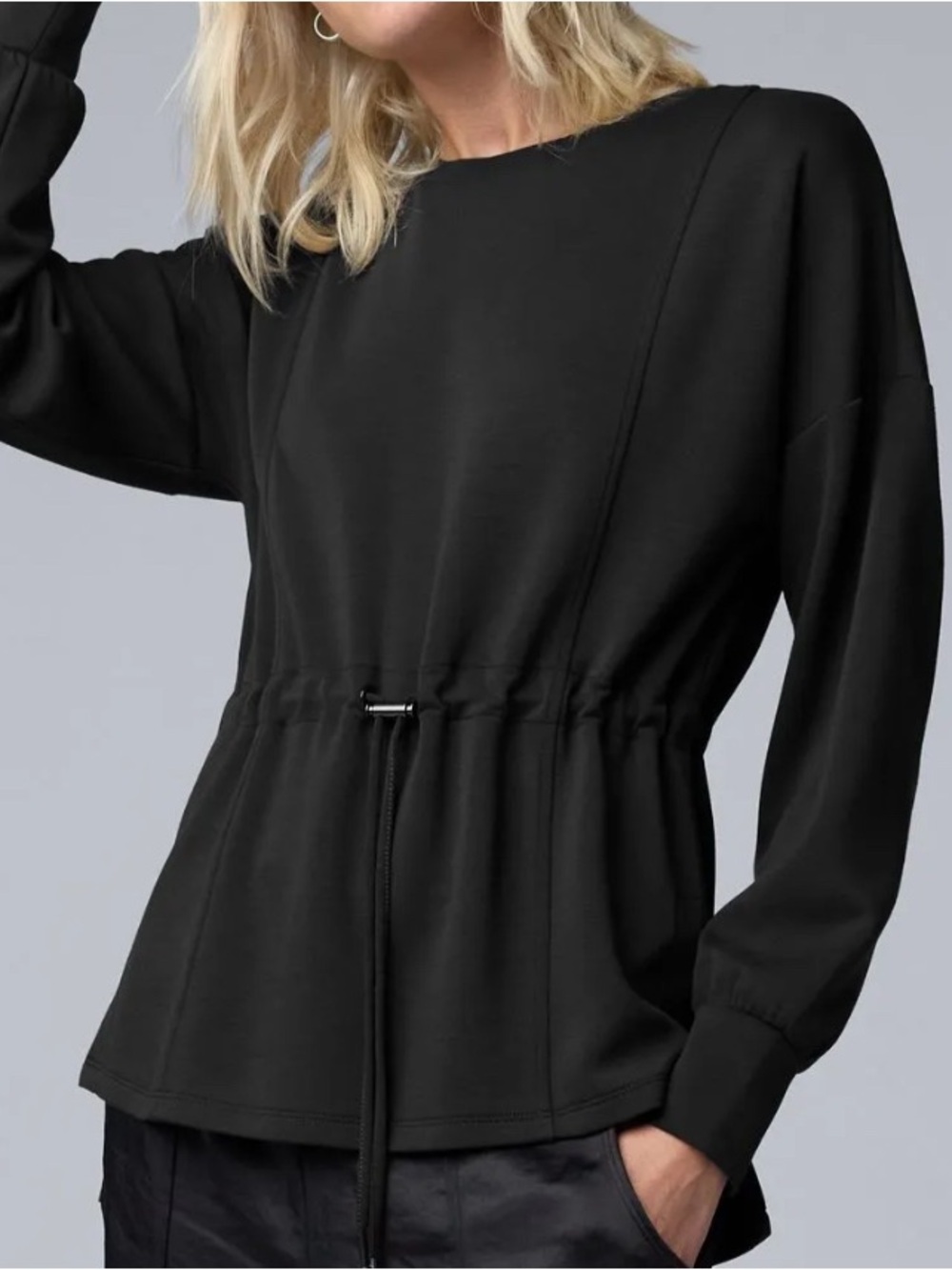 Women's Black Drawcord Waist Long-Sleeve Pullover